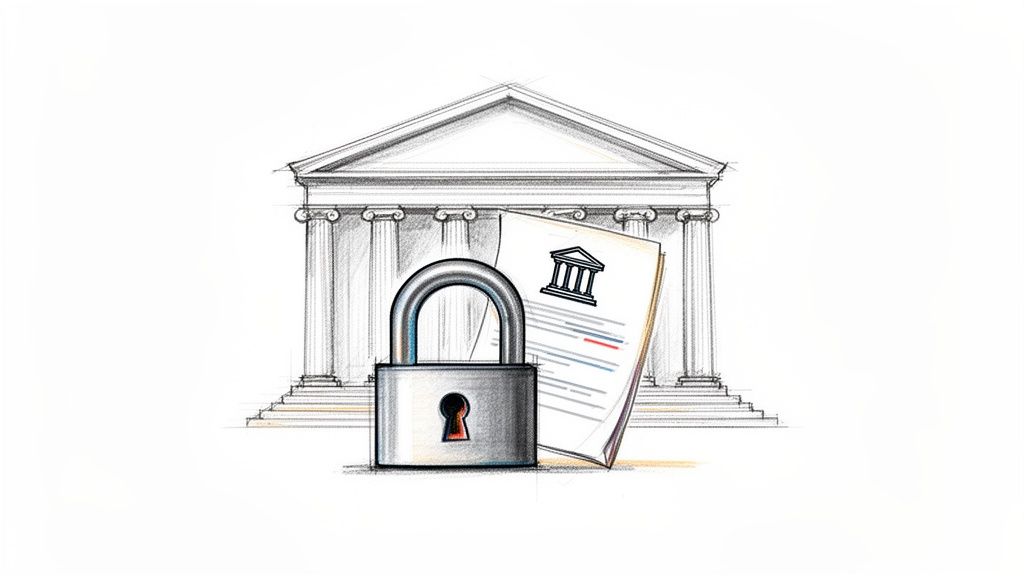 Dessin artistique d'un bâtiment classique avec des colonnes, un cadenas et un document avec un symbole de banque. Représente la sécurité financière et la protection des données.