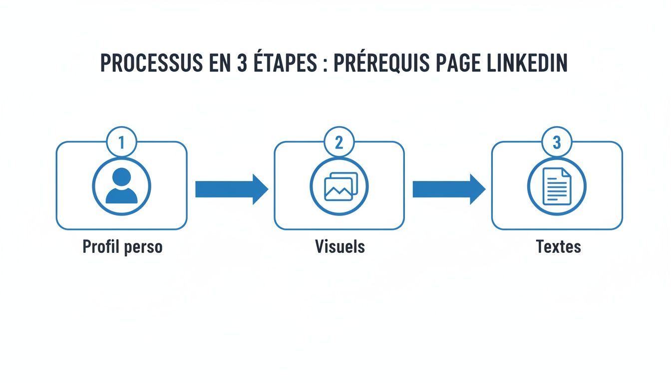 Processus en 3 étapes pour les prérequis d'une page LinkedIn : profil personnel, visuels et textes.