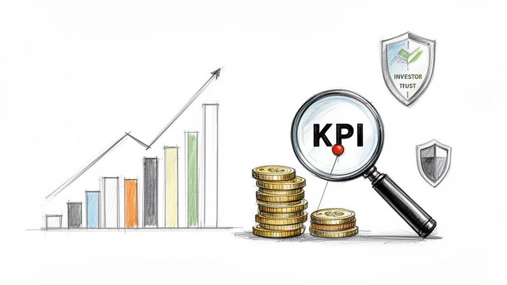 Illustration d'un graphique de croissance avec des barres, une loupe sur 'KPI', des pièces d'or et des boucliers de confiance.