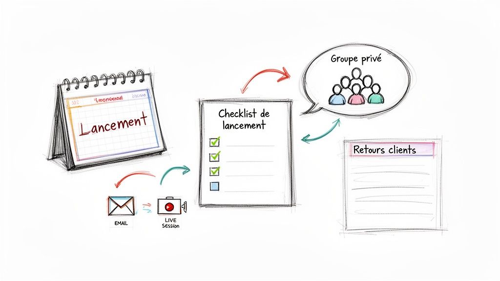 Une illustration d'un processus de lancement avec un calendrier, une checklist, un groupe privé et des retours clients.
