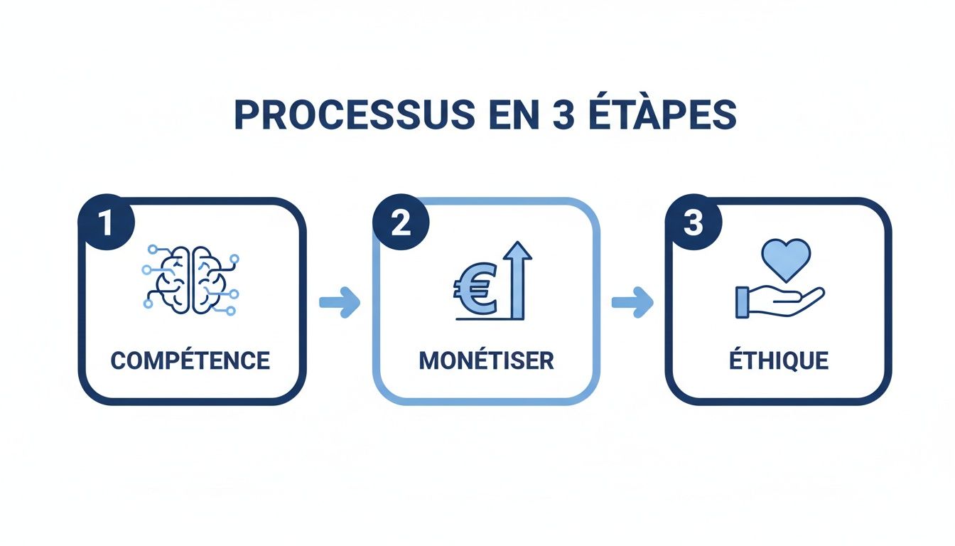 Un diagramme montrant un processus en 3 étapes: Compétence (cerveau), Monétiser (symbole euro), Éthique (main et cœur).