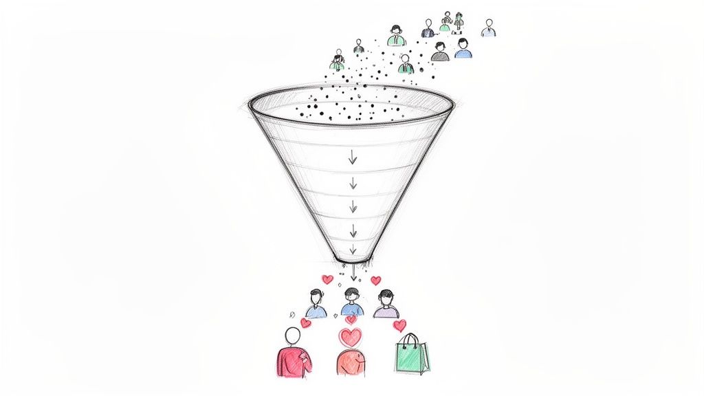 Illustration d'un entonnoir de vente représentant le parcours client, des prospects aux acheteurs avec des cœurs et un sac.