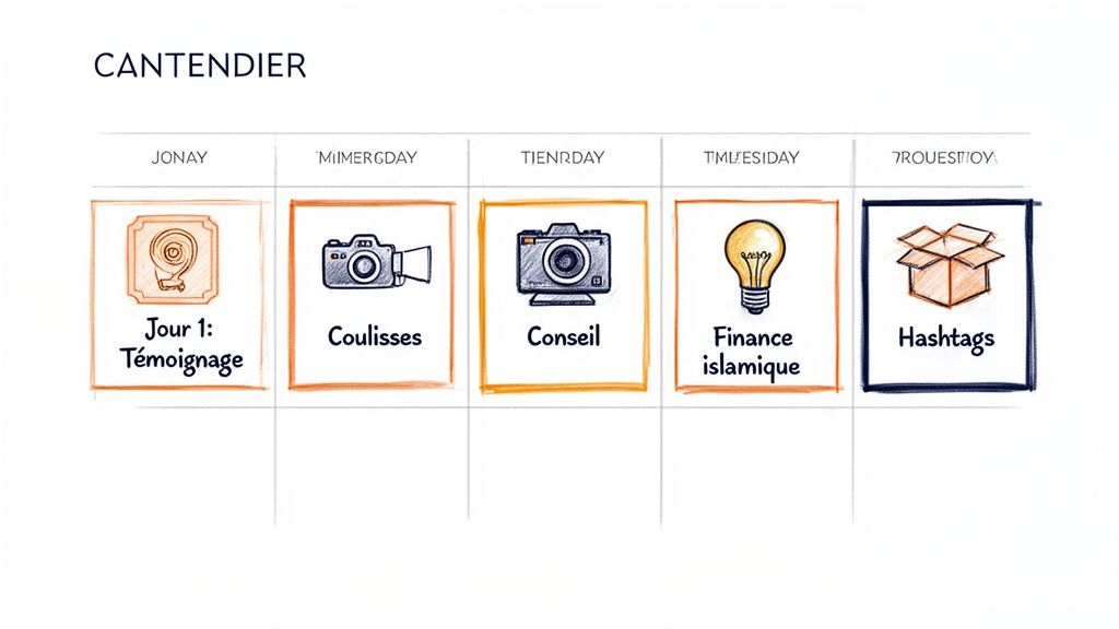 Calendrier de contenu illustré avec des thèmes comme témoignage, coulisses, conseil, finance islamique et hashtags.