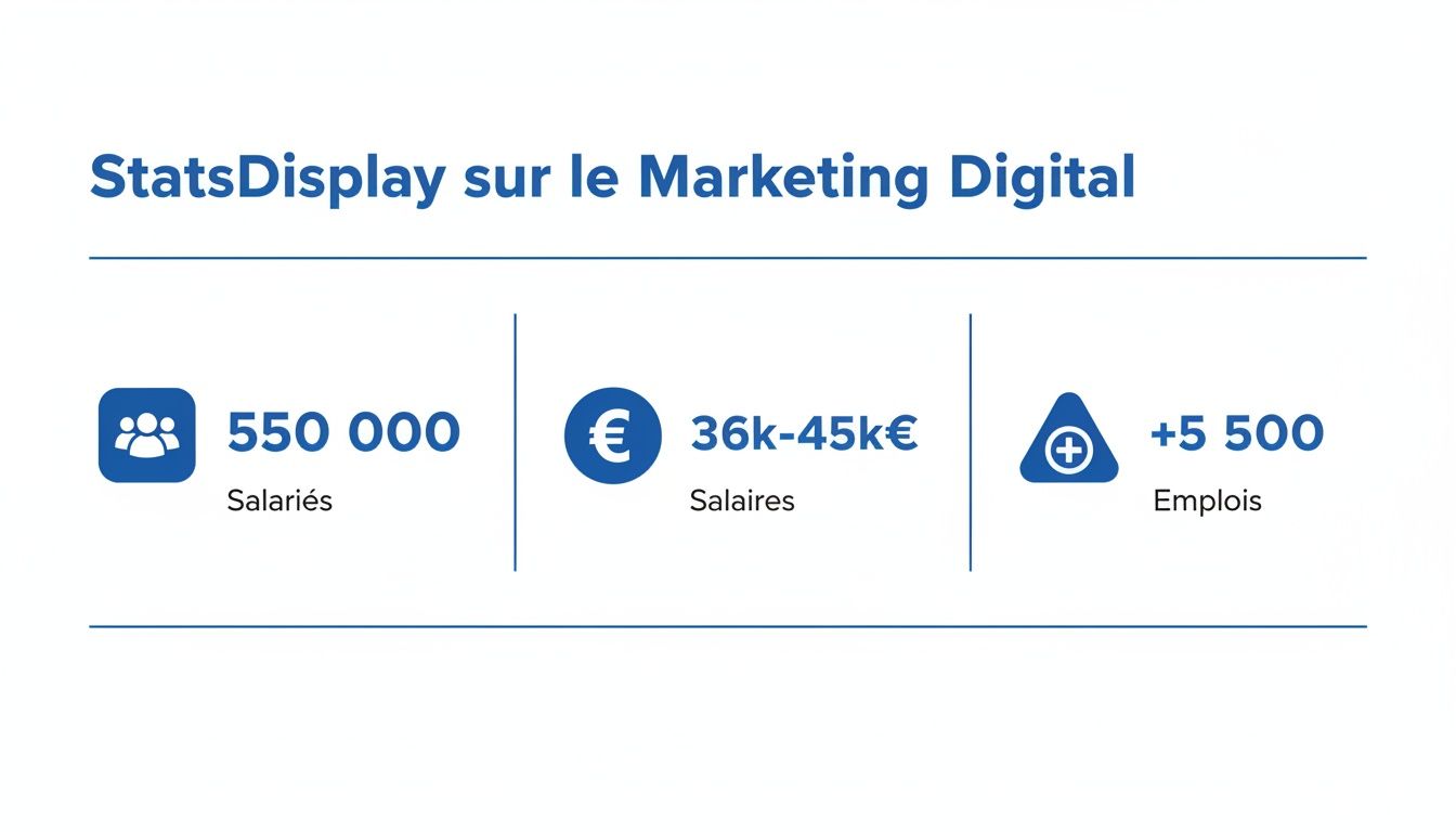Statistiques du Marketing Digital montrant le nombre d'employés, la fourchette de salaires et les créations d'emplois.