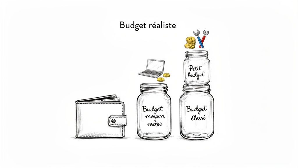 Une illustration conceptuelle du budget réaliste avec un portefeuille, des bocaux étiquetés et des articles symboliques.