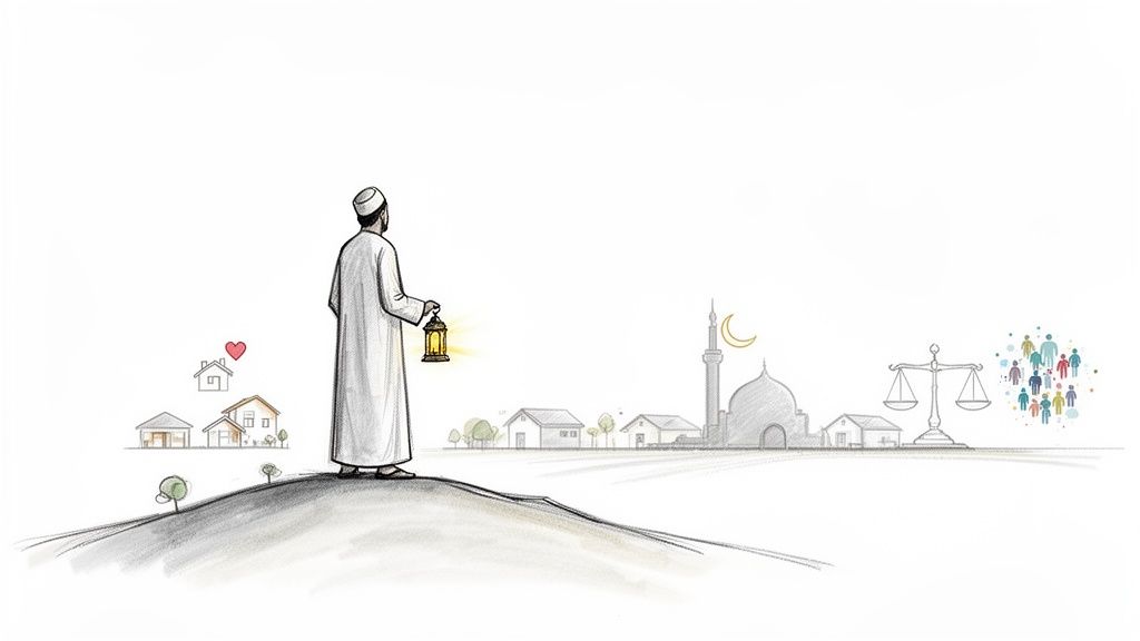 Un homme en tenue traditionnelle, lanterne à la main, contemple un village avec mosquée, justice et communauté.
