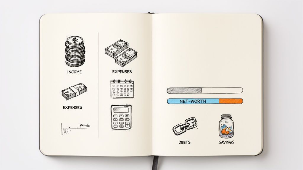 Illustrations dessinées à la main dans un carnet ouvert montrant des concepts financiers clés comme les revenus, les dépenses, les dettes et l'épargne.