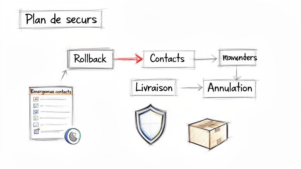 Diagramme de flux d'un plan de secours détaillant les étapes de rollback, contacts, livraison, annulation et fournisseurs.
