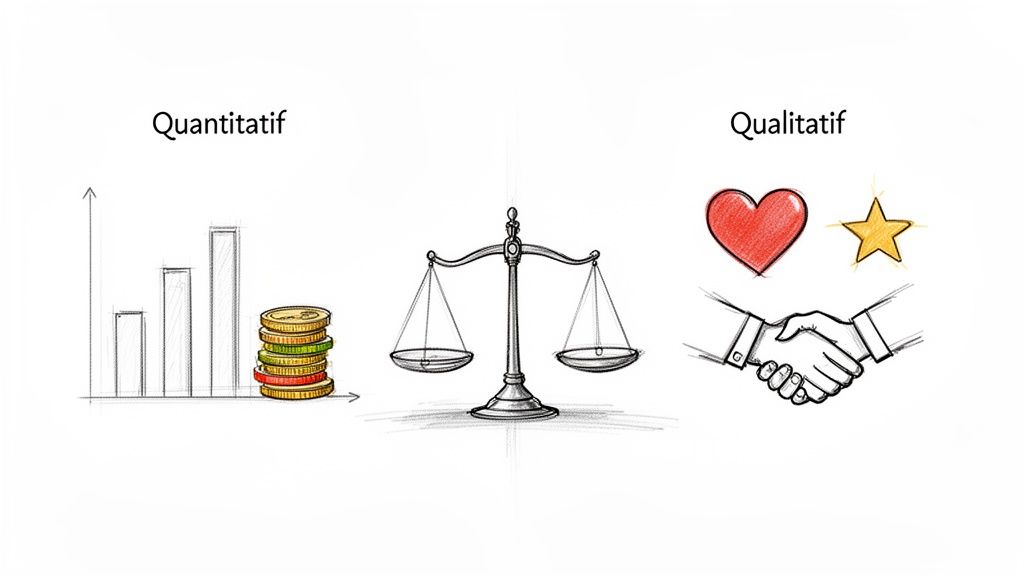 Graphique comparant données quantitatives (chiffres, argent) et qualitatives (relations, valeurs) via une balance.