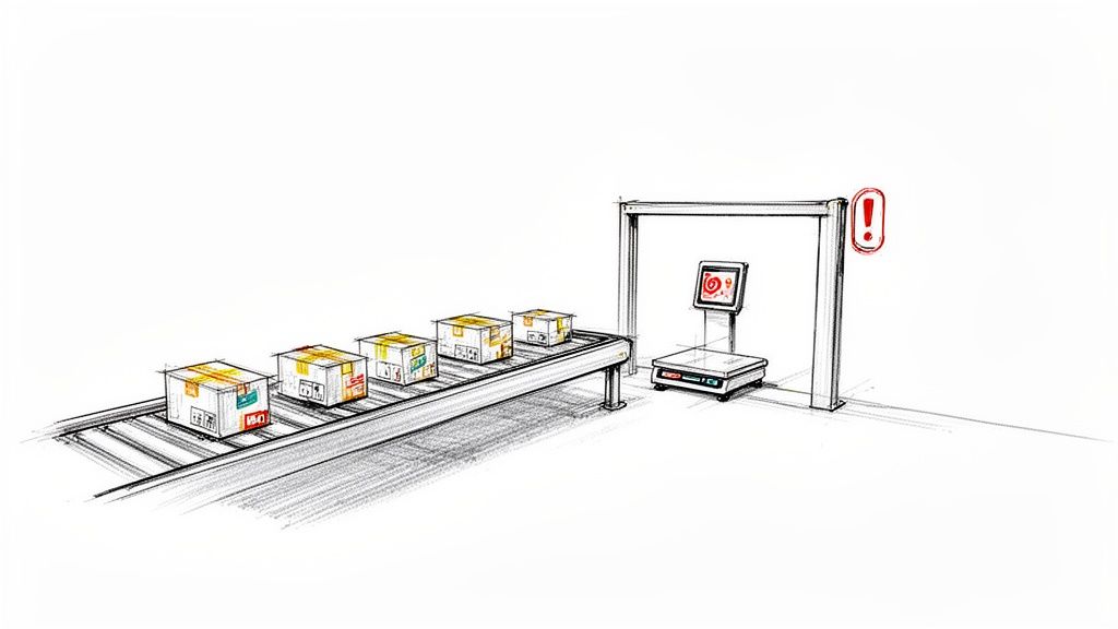 Des cartons sur un tapis roulant se dirigent vers une balance numérique avec un signe d'alerte rouge.