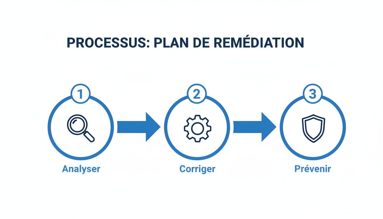 Diagramme illustrant le processus d'un plan de remédiation en trois étapes : analyser, corriger et prévenir.