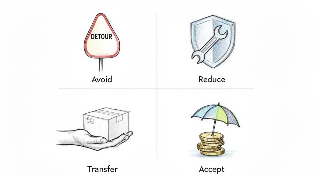 Quatre icônes illustrant des stratégies de gestion des risques : éviter, réduire, transférer et accepter.