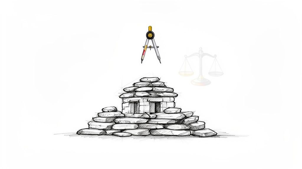 Un compas coloré au-dessus d'une structure en pierres, avec une balance en arrière-plan flou.