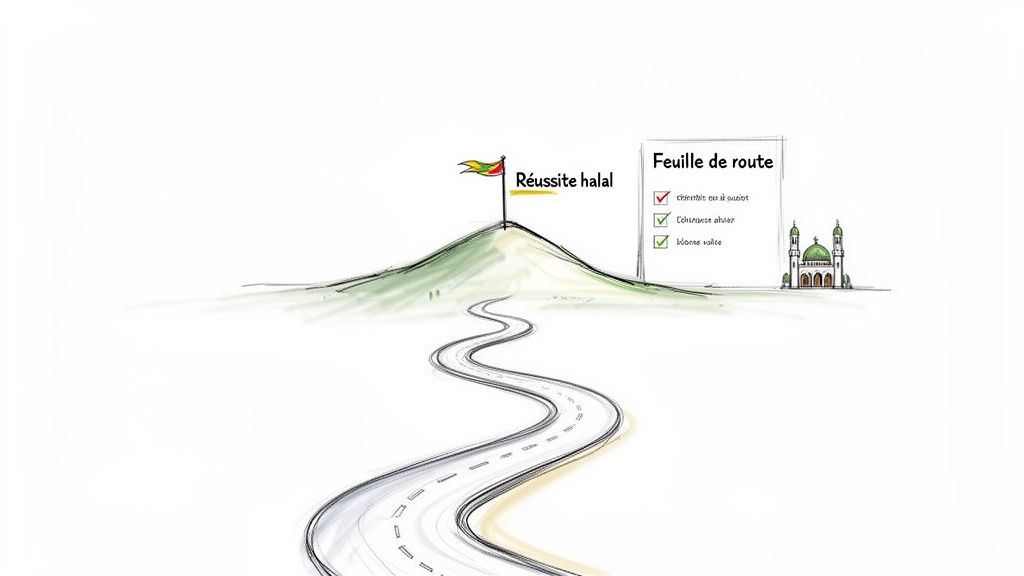 Image conceptuelle : un chemin vers la réussite halal, avec feuille de route et mosquée.