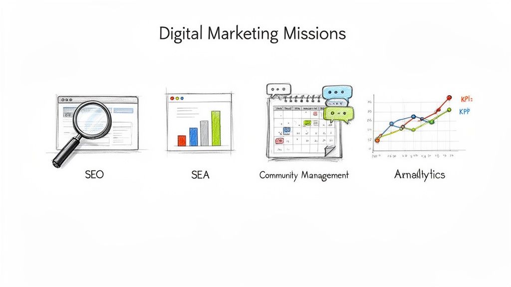Illustration des missions clés du marketing digital : SEO, SEA, Community Management et Analytics, avec des icônes explicatives.