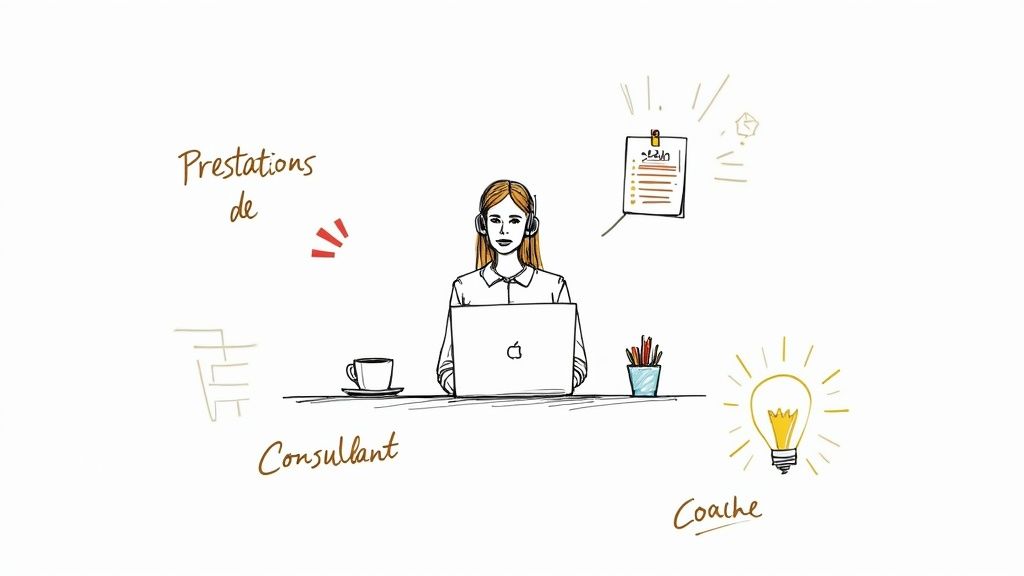 Femme travaillant sur ordinateur, symbolisant prestations de consultant ou coach, avec idées et planification.