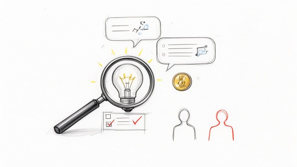 Une image dessinée à la main montrant la recherche d'idées, la discussion et le choix de solutions.