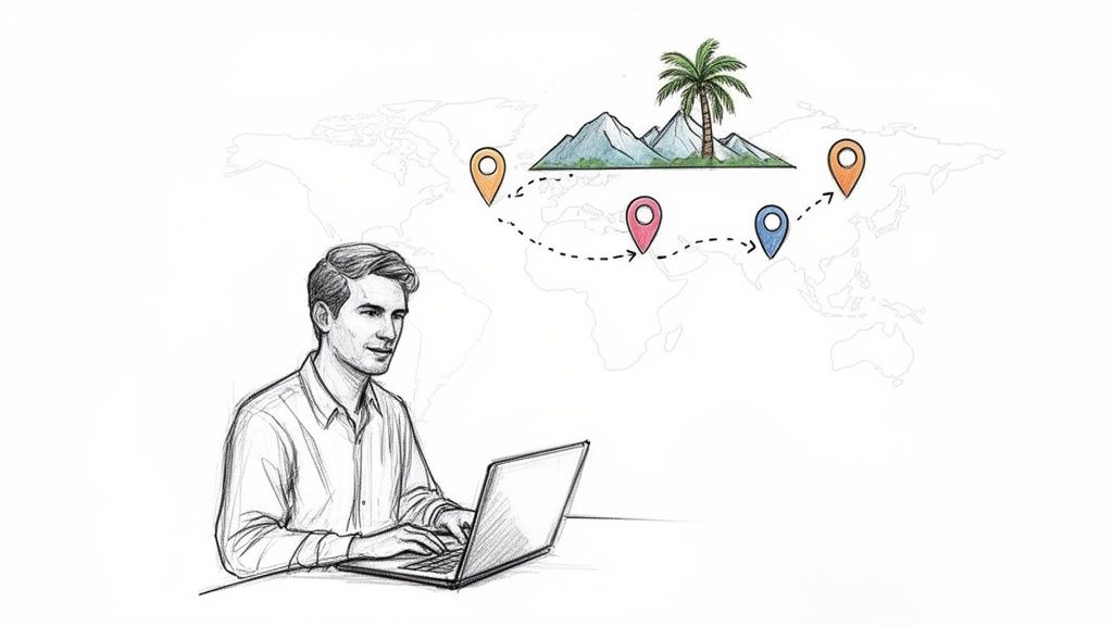 Un homme utilise un ordinateur portable, planifiant un voyage avec une carte du monde, des épingles de localisation et une île tropicale.