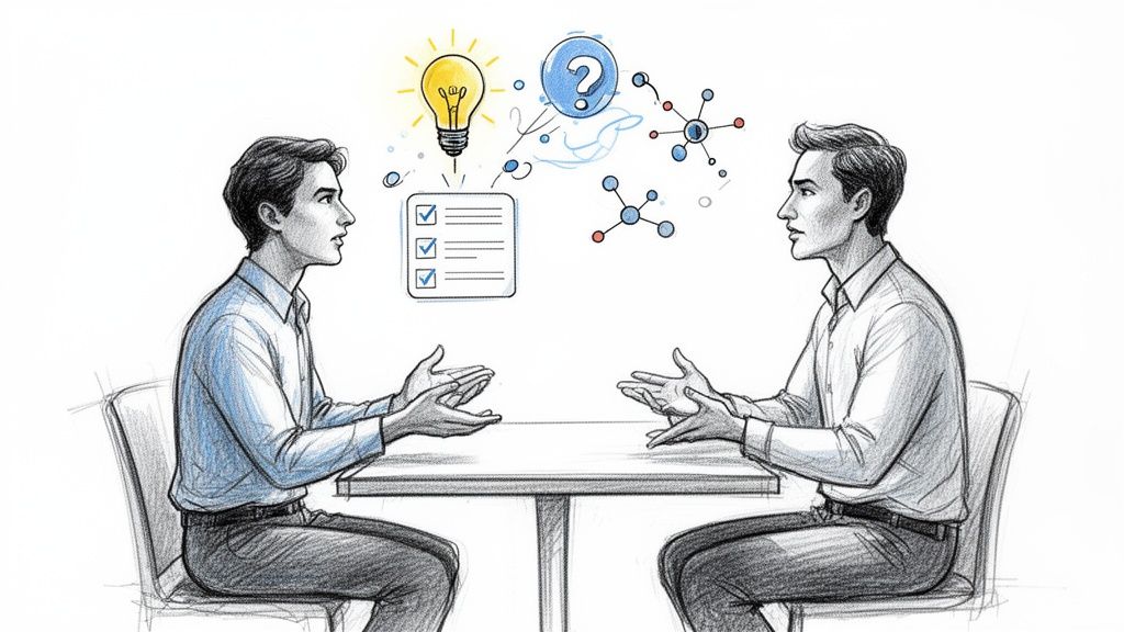 Deux hommes discutent face à face, échangeant des idées, questions et concepts illustrés par des icônes.