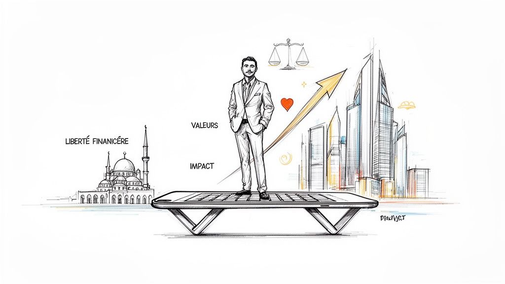 Un homme d'affaires sur un ordinateur, symbolisant la liberté financière, les valeurs et l'impact dans un environnement moderne.