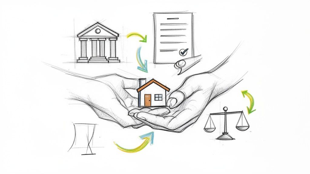 Illustration d'une maison tenue, entourée d'éléments financiers, légaux et administratifs de l'investissement immobilier.