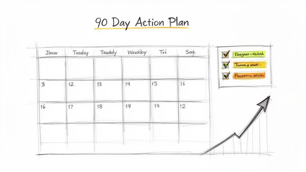 Un plan d'action de 90 jours, incluant un calendrier, une checklist et un graphique de croissance symbolisant le progrès.