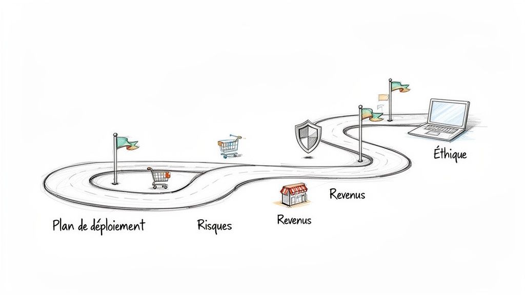 Un chemin illustrant le processus de déploiement, incluant les risques, les revenus et l'éthique, avec des icônes pertinentes.