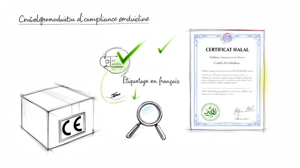 Illustration des critères de conformité des produits, incluant le marquage CE, l'étiquetage en français et le certificat Halal.