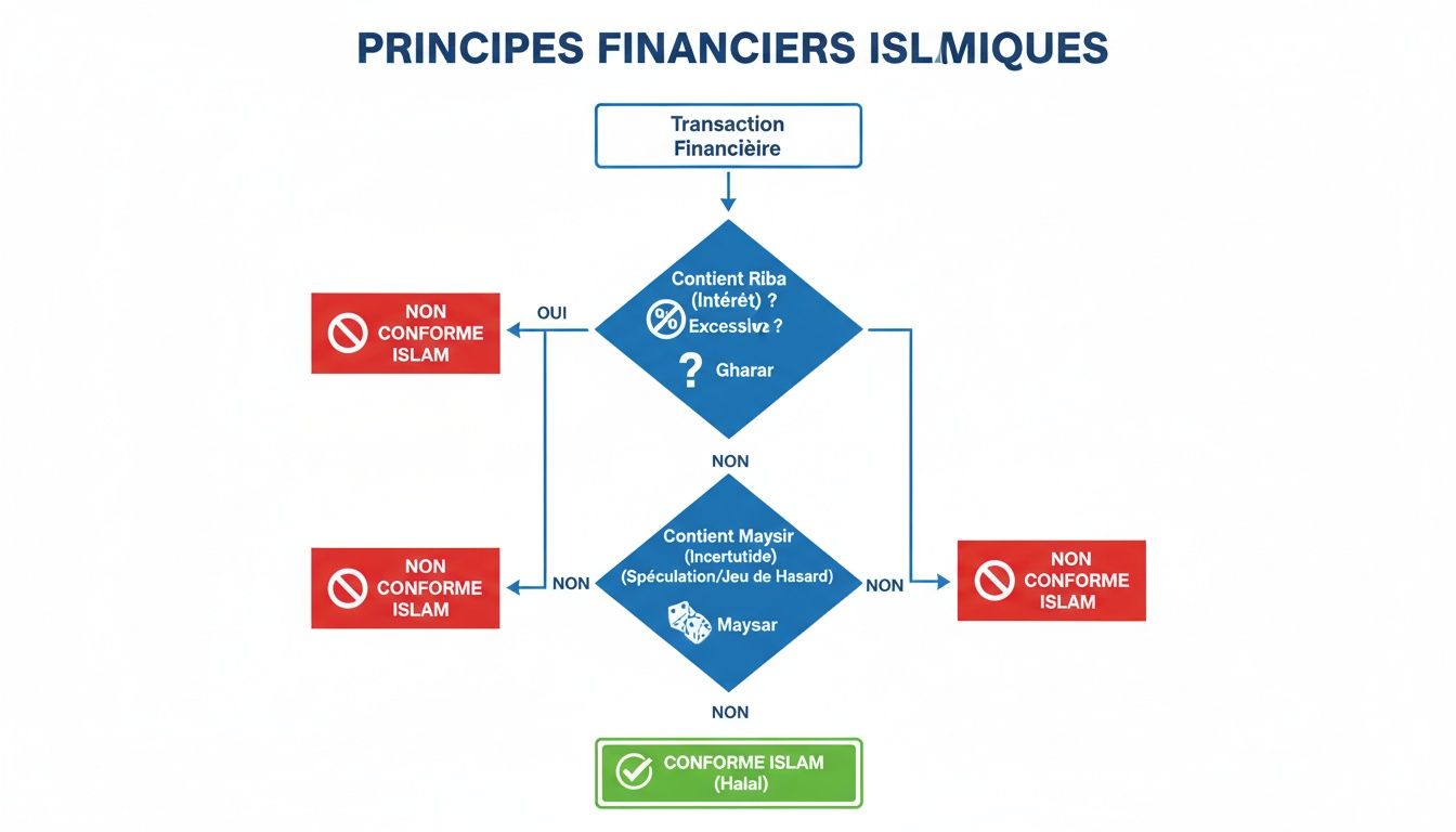 Diagramme de flux expliquant les principes financiers islamiques, détaillant les critères de conformité (Riba, Gharar, Maysir) pour une transaction halal.