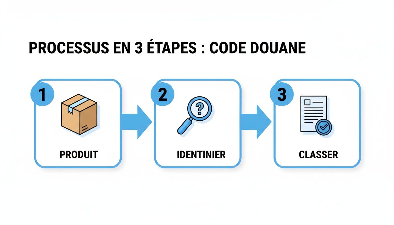 Infographie illustrant le processus en 3 étapes pour l'obtention d'un code douanier : produit, identifier, classer.