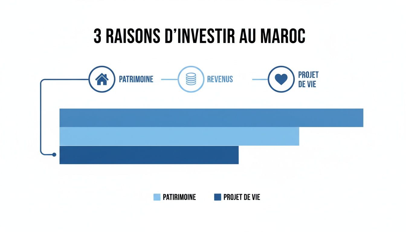 Infographie illustrant les 3 principales raisons d'investir au Maroc : patrimoine, revenus et projet de vie.
