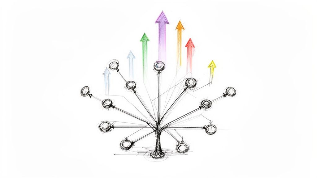 Dessin schématique d'un concept central se ramifiant en plusieurs idées, certaines menant à une croissance ascendante et colorée.