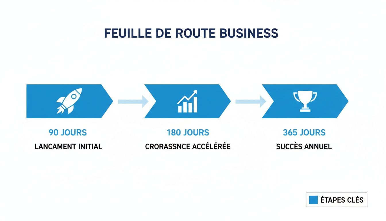 Feuille de route business illustrant les étapes clés : lancement, croissance accélérée et succès annuel.