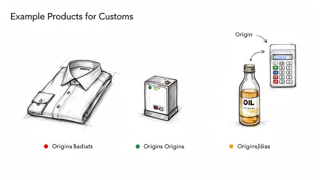 Illustration de divers produits (chemise, appareil, bouteille d'huile) avec des légendes sur l'origine pour la douane.