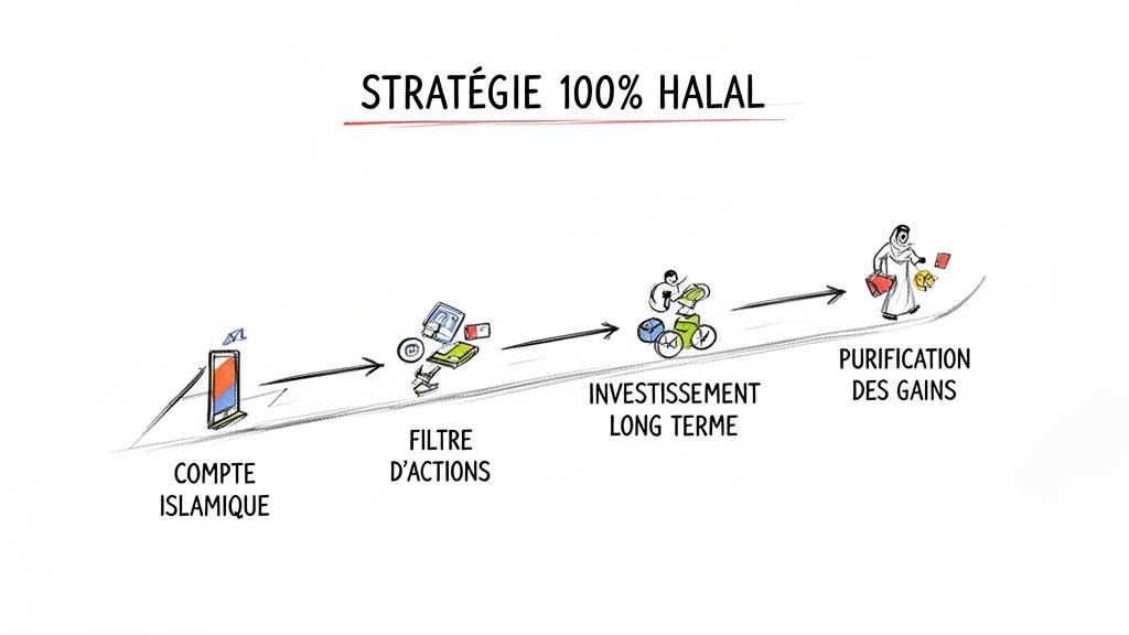 Diagramme illustrant une stratégie d'investissement 100% halal, des comptes islamiques à la purification des gains.