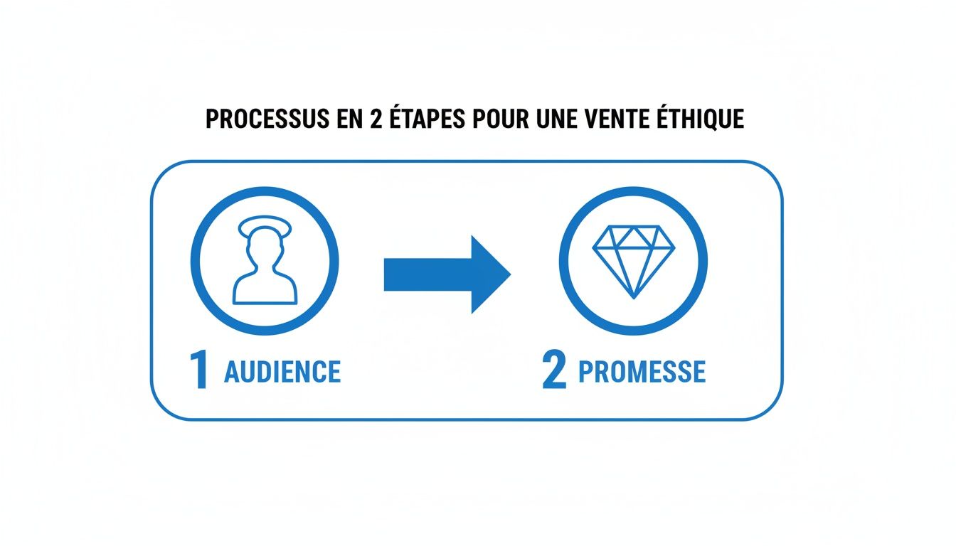 Diagramme illustrant un processus de vente éthique en 2 étapes : l'audience et la promesse, avec icônes.