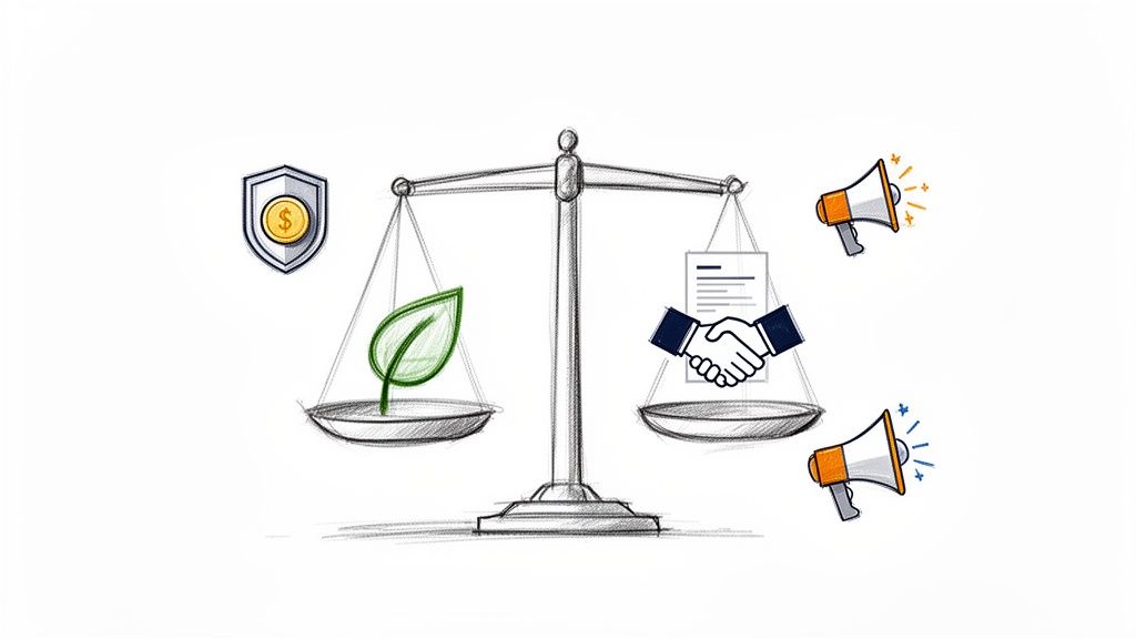 Une balance de justice comparant la durabilité, la protection financière, les accords commerciaux et la communication.