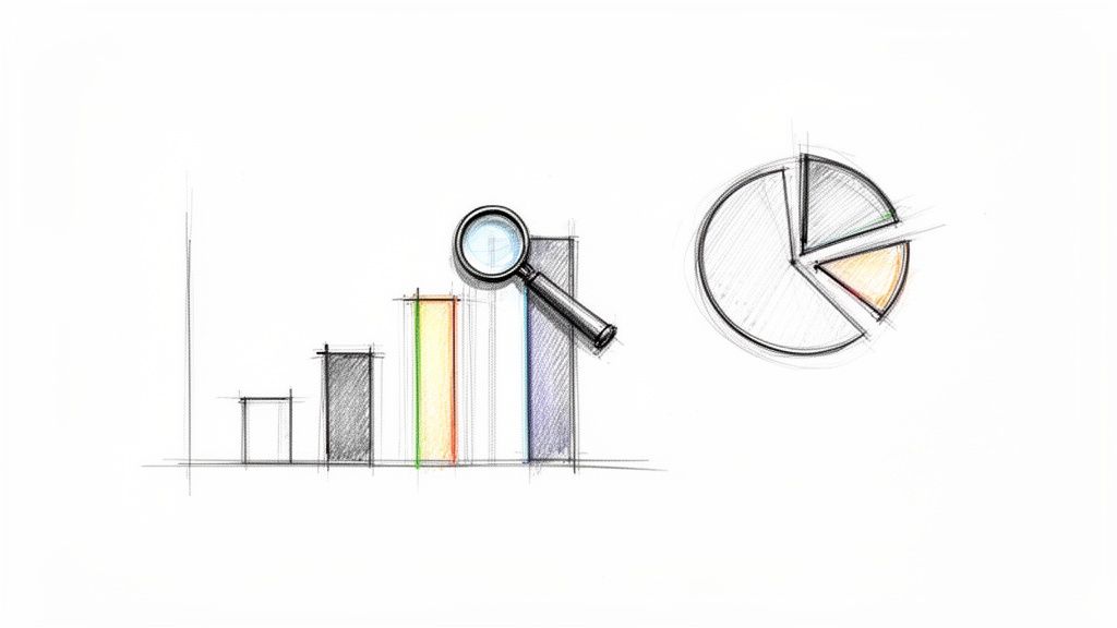Illustration dessinée à la main de graphiques de données : un diagramme à barres avec une loupe et un graphique circulaire divisé en sections.