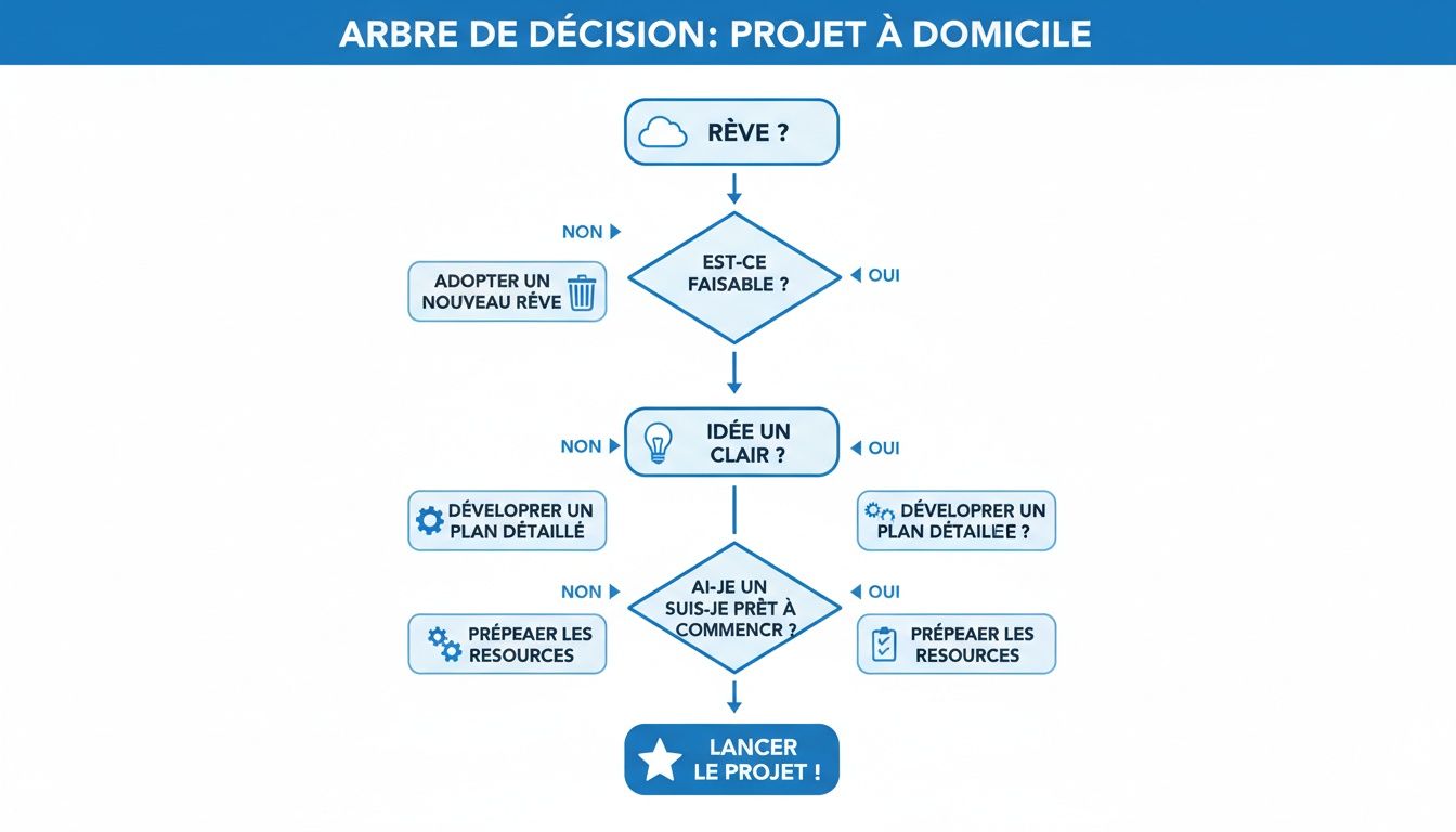 Arbre de décision pour un projet à domicile, explorant la faisabilité, la planification et la préparation des ressources avant le lancement.