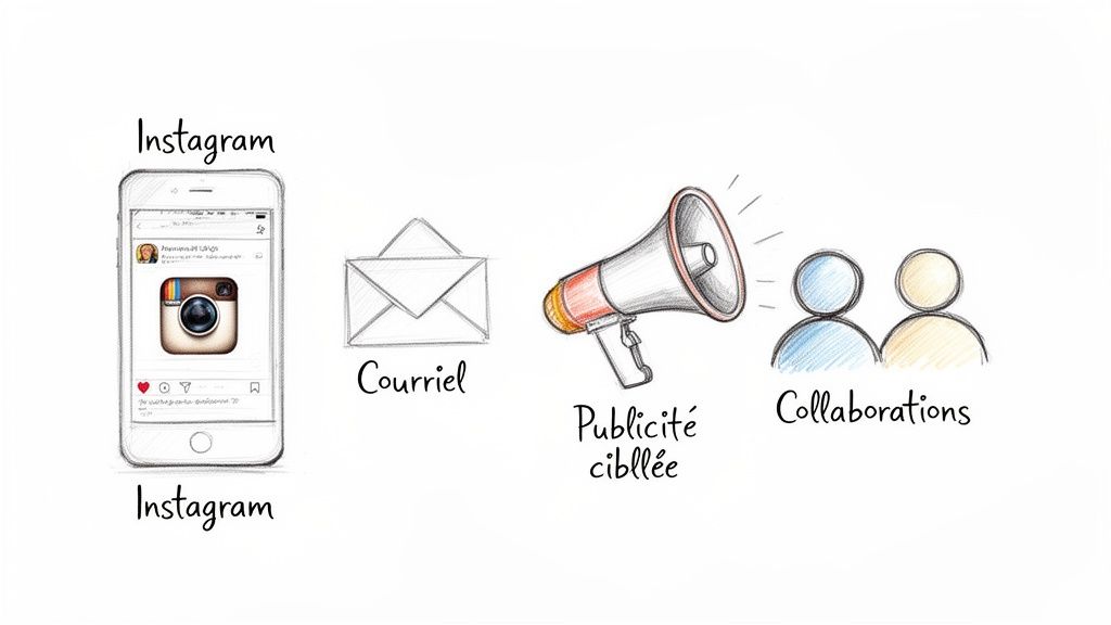 Représentation visuelle des stratégies de marketing incluant Instagram, courriel, publicité ciblée et collaborations.