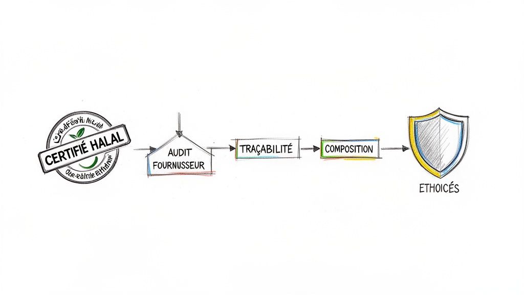 Diagramme détaillé du processus de certification Halal, incluant l'audit fournisseur, la traçabilité et l'analyse de composition, aboutissant à des valeurs éthiques.