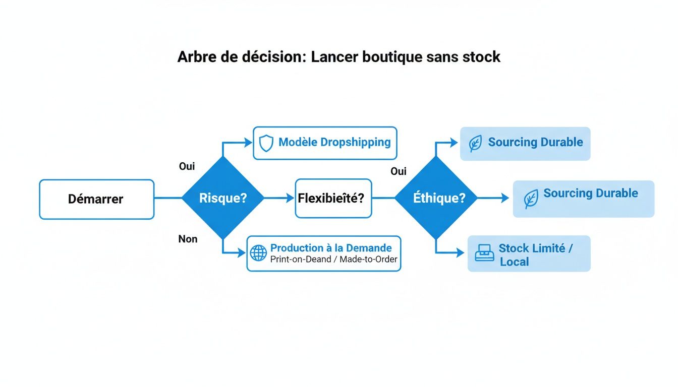 Arbre de décision pour lancer une boutique sans stock, explorant dropshipping, production à la demande, éthique et sourcing durable.