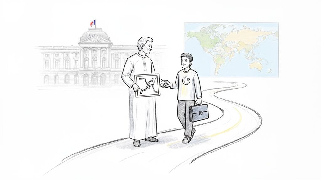 Un homme et un jeune garçon se serrent la main sur un chemin, avec un bâtiment gouvernemental français et une carte du monde en arrière-plan.