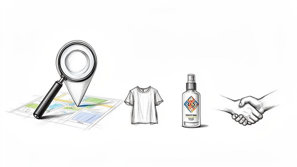 Illustration montrant une loupe sur une carte, un t-shirt, un vaporisateur et une poignée de main, symbolisant le commerce et la logistique.