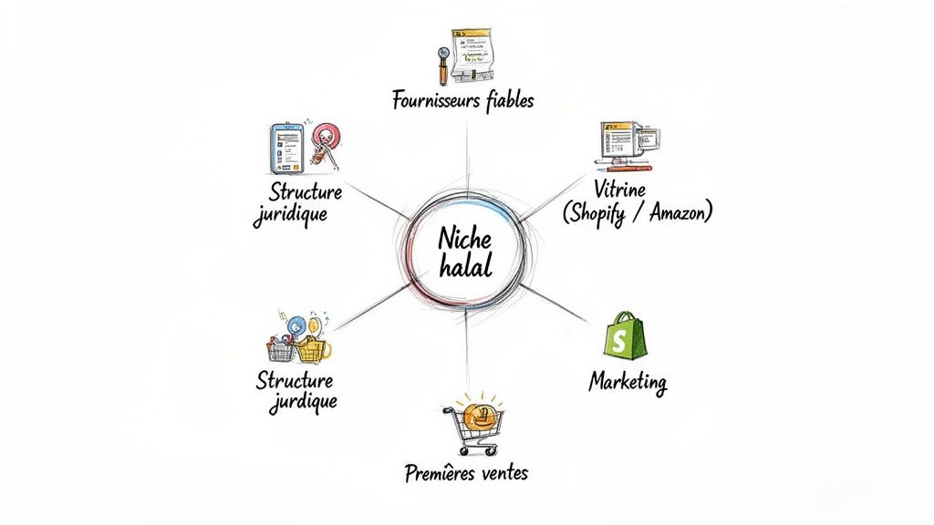 Diagramme illustrant les étapes clés pour lancer un e-commerce dans la niche halal, incluant fournisseurs, vitrine et marketing.