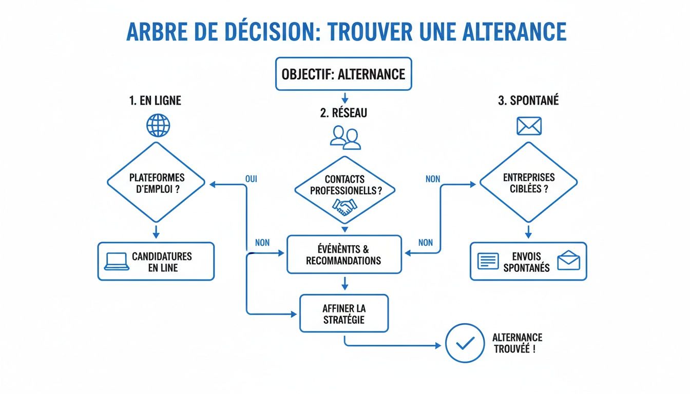 Arbre de décision pour trouver une alternance, détaillant les étapes clés par candidature en ligne, réseau et candidatures spontanées.