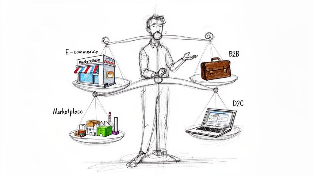 Un homme sur une balance illustre différents modèles commerciaux: e-commerce, marketplace, B2B, D2C.
