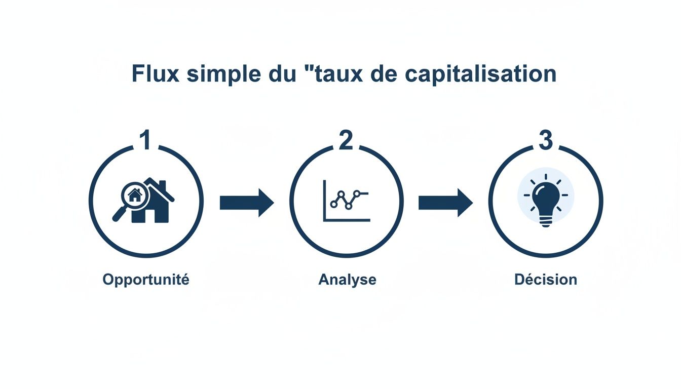 Schéma illustrant le flux simple du taux de capitalisation en 3 étapes : Opportunité, Analyse, Décision.