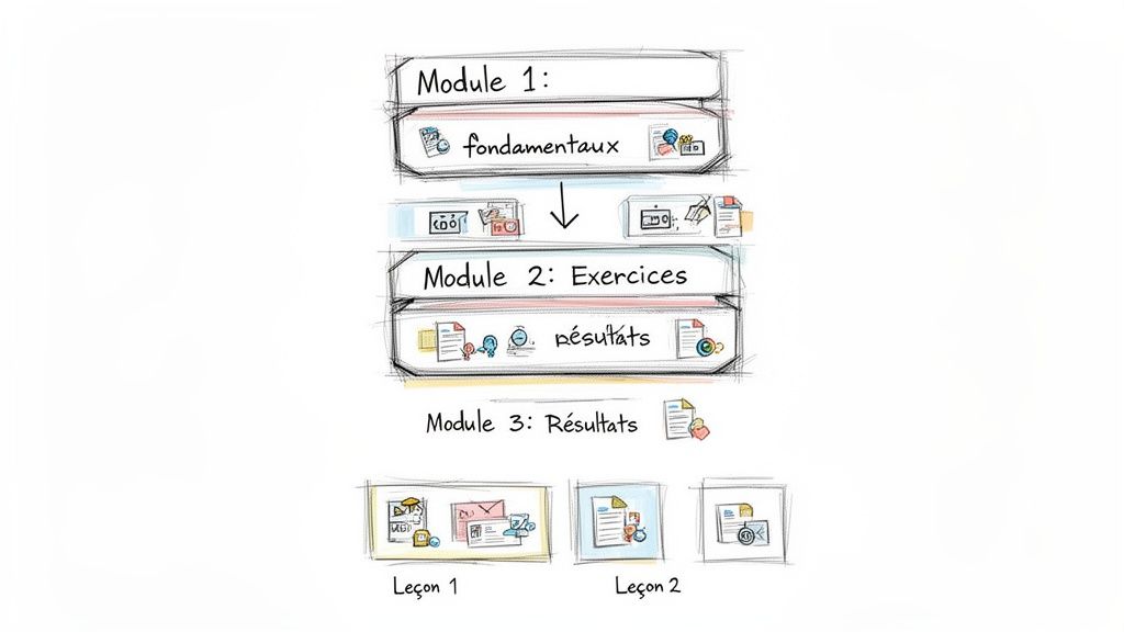 Diagramme schématique d'une formation en ligne, présentant trois modules (fondamentaux, exercices, résultats) et des leçons détaillées.