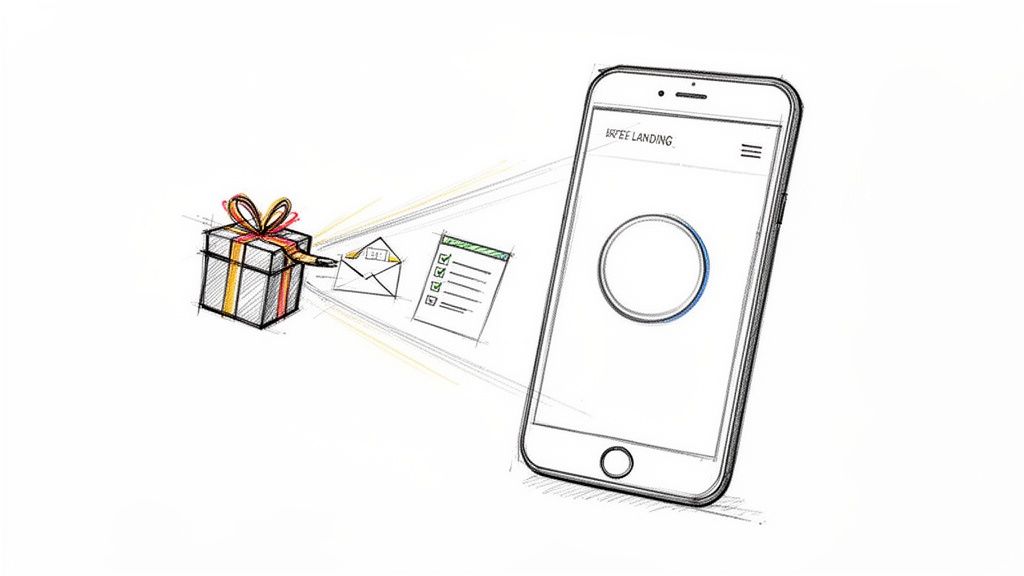Illustration d'une boîte cadeau, enveloppe, liste de contrôle et smartphone affichant un processus numérique.